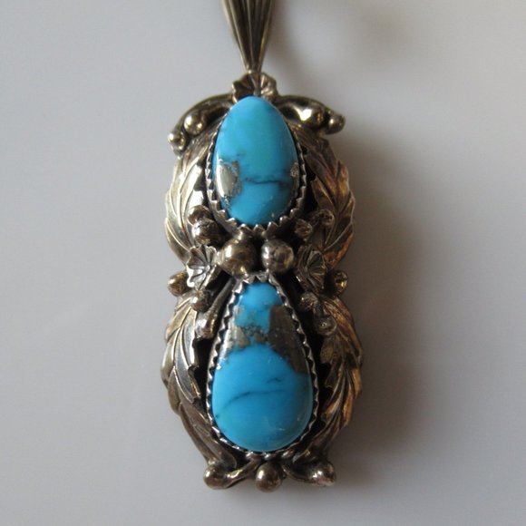 Vintage Native American Turquoise Pendant Sterling Silver Iron Pyrite Matrix - Picture 1 of 9